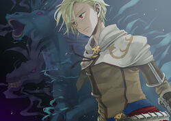  1boy arai_12 belt blonde_hair brown_shirt capelet closed_mouth commentary_request demon doppelganger_(ragnarok_online) dutch_angle gauntlets ghost horse looking_to_the_side male_focus nightmare_(ragnarok_online) open_mouth ragnarok_online red_eyes shirt short_hair solo standing swordsman_(ragnarok_online) teeth upper_body white_capelet 