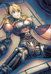  alia_(mega_man) android blonde_hair blue_eyes breasts cable chest_jewel commentary_request disassembly empty_eyes female highres joints large_breasts long_hair lying mechanical_parts mega_man_(series) mega_man_x_(series) minster_(dooke) on_back parted_lips radio_antenna robot_joints solo spread_legs tube 