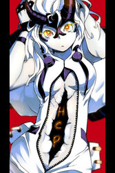  abyssal_ship arms_up black_horns breasts character_name cloak colored_skin female glowing glowing_eyes hands_in_hair heavy_cruiser_princess hole_in_chest hole_on_body horns kantai_collection looking_at_viewer medium_breasts open_cloak open_clothes orange_eyes oso_(toolate) pale_skin pillarboxed red_background simple_background sleeveless solo turret white_hair white_skin zipper 