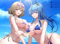  2girls abs ahoge anis_(nikke) anis_(sparkling_summer)_(nikke) bikini blue_eyes blue_hair blue_sky bob_cut braid breasts brown_hair cleavage commentary crown_braid d.d.g_(ddg3420) english_commentary eyepatch_bikini eyewear_on_head facebook_logo facebook_username goddess_of_victory:_nikke hair_ornament helm_(aqua_marine)_(nikke) helm_(nikke) highres large_breasts long_hair looking_at_viewer micro_bikini multiple_girls navel ocean open_mouth outdoors pixiv_logo pixiv_username ponytail self-upload short_hair sidelocks sky smile sun_glare sunglasses swimsuit twitter_logo twitter_username wavy_hair yellow_eyes 