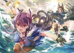  2girls animal_ear_fluff animal_ears armband artillery ashigara_(azur_lane) asymmetrical_legwear azur_lane black_gloves blouse blue_shirt blue_skirt breasts brown_hair chains choker explosion gloves hair_between_eyes head_wings headphones holding holding_sword holding_weapon katana large_breasts leg_up long_hair long_sleeves midriff_peek miniskirt multiple_girls myoukou_(azur_lane) open_mouth pleated_skirt purple_hair red_armband red_choker red_eyes rudder_footwear sailor_collar sakura_empire_(emblem) school_uniform shirt short_sleeves single_sock single_thighhigh skirt socks sword tetsujin_momoko thigh_strap thighhighs torpedo_tubes turret uneven_legwear walking walking_on_liquid water waves weapon white_gloves white_sailor_collar white_shirt wing_ears wings wolf_ears 