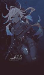  absurdres acronym assault_rifle black_bodysuit blonde_hair blue_eyes bodysuit coral dated facial_mark feet_out_of_frame female gradient_hair gun handgun highres holding holding_weapon holster holstered knee_pads long_hair looking_at_viewer multicolored_hair open_mouth original photo_background rifle russian_text short_eyebrows shoulder_pads signature solo teeth thigh_strap translated underwater very_long_hair weapon weapon_name zhvo 