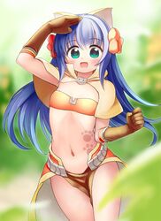  animal_ears bikini bikini_top_only blue_eyes blue_hair blurry blurry_background blush bow brown_capelet brown_gloves capelet cat_ears commentary_request cowboy_shot elbow_gloves emurin female flat_chest gloves hairbow highres long_hair looking_at_viewer mage_(ragnarok_online) majiko_(emurin) multiple_hair_bows navel open_mouth orange_bikini paw_print_tattoo pelvic_curtain plant ragnarok_online red_bow red_skirt shading_eyes showgirl_skirt skirt smile solo star-shaped_pupils star_(symbol) stomach swimsuit symbol-shaped_pupils 