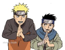  2boys aged_up blonde_hair blue_eyes commentary facial_mark forehead_protector konoha_kuzushi looking_at_another male_focus multiple_boys naruto_(series) naruto_shippuuden ninja sarutobi_konohamaru short_hair short_sleeves simple_background spiked_hair uzumaki_naruto whisker_markings white_background 