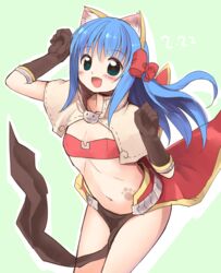  :d animal_ear_fluff animal_ears bikini bikini_top_only blue_hair blush bow brown_capelet brown_gloves capelet cat_ears commentary_request elbow_gloves emurin feet_out_of_frame female flat_chest gloves green_background green_eyes hairbow highres long_hair looking_at_viewer mage_(ragnarok_online) majiko_(emurin) navel open_mouth outline paw_print_tattoo pelvic_curtain ragnarok_online red_bikini red_bow red_skirt showgirl_skirt simple_background skirt smile solo star-shaped_pupils star_(symbol) stomach swimsuit symbol-shaped_pupils white_outline 