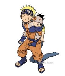  2boys blonde_hair blue_scarf carrying child_carry closed_eyes closed_mouth commentary facial_mark forehead_protector full_body highres konoha_kuzushi lolicon long_sleeves male_focus multiple_boys naruto naruto_(series) piggyback sarutobi_konohamaru scarf short_hair simple_background spiked_hair uzumaki_naruto whisker_markings white_background 