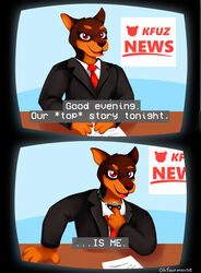  2020 absurd_res anthro canid canine canis clothed clothing clothing_pull collar dobermann domestic_dog electronics english_text hi_res male mammal necktie news ohfourmouse paper pinscher shirt shirt_pull solo suit television text topwear topwear_pull 