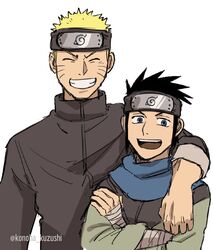  2boys black_hair blonde_hair blue_eyes commentary crossed_arms facial_mark forehead_protector konoha_kuzushi looking_at_viewer male_focus multiple_boys naruto_(series) naruto_shippuuden open_mouth sarutobi_konohamaru short_hair simple_background smile spiked_hair uzumaki_naruto whisker_markings white_background 