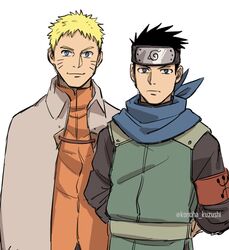  2boys armband arms_behind_back black_hair black_headband black_jacket blonde_hair blue_eyes blue_scarf boruto:_naruto_next_generations cape closed_mouth commentary expressionless facial_mark forehead_protector headband high_collar highres jacket konoha_kuzushi konohagakure_symbol long_sleeves looking_at_viewer male_focus multiple_boys naruto_(series) orange_jacket red_armband sarutobi_konohamaru scarf short_hair simple_background smile spiked_hair twitter_username upper_body uzumaki_naruto vest watermark whisker_markings white_background white_cape 