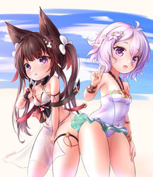  2girls :d absurdres alternate_costume amagi-chan_(azur_lane) amagi_(azur_lane) amagi_(azur_lane)_(cosplay) amagi_(wending_waters_serene_lotus)_(azur_lane) animal_ears antenna_hair armpits azur_lane bad_id bad_pixiv_id bare_shoulders bent_over bikini blue_sky blunt_bangs blush breasts brown_hair casual_one-piece_swimsuit cleavage cloud cloudy_sky collarbone commentary cosplay cowboy_shot crossover elf english_commentary eyes_visible_through_hair eyeshadow flower fox_ears hair_between_eyes hair_flower hair_ornament hand_on_own_thigh hand_up highres kokkoro_(princess_connect!) kokkoro_(summer)_(princess_connect!) leaning_forward light_purple_hair lndrmnn long_hair looking_at_viewer makeup multiple_girls one-piece_swimsuit open_mouth outdoors pointy_ears princess_connect! purple_eyes short_hair sidelocks sky smile swimsuit thick_eyebrows twintails v white_bikini white_one-piece_swimsuit 