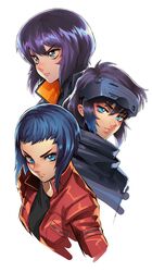  3girls black_hair blue_eyes blue_hair blush closed_mouth commentary_request ghost_in_the_shell ghost_in_the_shell:_sac_2045 ghost_in_the_shell_arise grey_eyes highres ikegami_noroshi jacket kusanagi_motoko looking_at_viewer looking_away messy_hair multicolored_hair multiple_girls parted_lips red_jacket short_hair smile two-tone_hair 