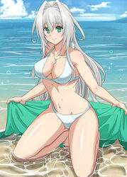  barefoot bikini blush bow breasts caustics cleavage closed_mouth cloud collarbone commentary_request day embarrassed emilia_hermit female full_body green_eyes grey_hair hair_between_eyes hair_intakes halterneck hip_focus holding holding_towel hundred_(light_novel) in_water jewelry kneeling legs_apart long_hair looking_at_viewer medium_breasts namakemono_(u446644k) navel necklace ocean outdoors outstretched_arms partially_submerged raised_eyebrows shadow sidelocks sky solo sparkle spread_arms swimsuit thighs toes towel very_long_hair water white_bikini white_bow 