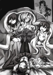  463_jun 6+girls absurdres abyssal_ship airfield_princess akatsuki_(kancolle) battleship_princess chinese_commentary commentary_request dress hair_ornament hairclip hat hibiki_(kancolle) highres ikazuchi_(kancolle) inazuma_(kancolle) kantai_collection long_hair monochrome multiple_girls oerba_yun_fang open_mouth pantyhose rubbing_eyes school_uniform serafuku short_dress short_hair sigh skirt sleeping smile southern_ocean_war_princess translated under_covers 