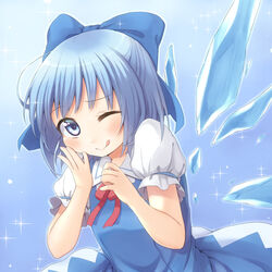  ;q bad_id bad_pixiv_id blue_bow blue_dress blue_eyes blue_hair blush bow chika_(orange_pop) cirno dress female hairbow hand_on_own_cheek hand_on_own_face ice ice_wings one_eye_closed short_hair smile solo tongue tongue_out touhou wings 