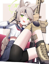  :d ahoge animal_ears bike_shorts black_shorts blue_archive blue_sailor_collar blue_skirt blush boots braid breasts brown_footwear brown_gloves commentary_request cropped_shirt female fox_ears fox_girl gloves green_eyes green_halo gun halo headphones headset holding holding_gun holding_weapon ikisugi_shokudou knee_pads knees_up light_brown_hair long_hair long_sleeves looking_at_viewer microphone miniskirt neckerchief open_mouth otogi_(blue_archive) partial_commentary pleated_skirt red_neckerchief sailor_collar sailor_shirt school_uniform serafuku shirt short_shorts shorts single_braid sitting skirt small_breasts smile solo swept_bangs thighs weapon white_shirt 