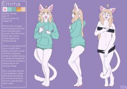  absurd_res anthro artist_name blonde_hair blue_clothing blue_hoodie blue_panties blue_topwear blue_underwear censor_bar clothed clothing emma_(rz54) english_text fangs felid female front_view fur hair hi_res hoodie looking_at_viewer mammal nude open_mouth open_smile orange_eyes panties pawpads physical_censor_bar pink_pawpads purple_background rz54 side_view simple_background smile solo standing teeth text topwear underwear white_body white_fur 