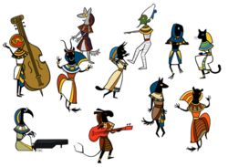  2d_animation animated anthro anubian_jackal anubis avian bast bird canid canine canis dancing deity egyptian_mythology eyewear felid frame_by_frame glasses group guitar hathor horus humanoid humor inonibird jackal lion loop male mammal middle_eastern_mythology musical_instrument mythology osiris pantherine peanuts_(comic) plucked_string_instrument ra sekhmet set_(deity) set_(species) short_playtime smile string_instrument thoth wepwawet 