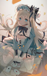  absurdres alice_(arcaea) arcaea bad_id bad_pixiv_id black_bow black_bowtie blonde_hair blue_dress blue_eyes bonnet bow bowtie breasts card cleavage dress female frills gloves hat hat_bow highres juliet_sleeves kneeling lolita_fashion long_hair long_sleeves playing_card puffy_sleeves solo stuffed_animal stuffed_rabbit stuffed_toy thighhighs umbrella very_long_hair white_hat white_thighhighs yagen_(user_mxur3238) 