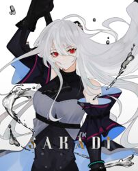  3o_c alternate_costume arknights bracelet bracer breasts commentary female grey_hair highres jewelry large_breasts long_hair looking_at_viewer red_eyes skadi_(arknights) solo white_background 