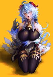  absurdres ahoge arms_under_breasts bare_shoulders bell black_gloves black_pantyhose blue_bow blue_hair bodystocking bow breasts collarbone commentary cowbell curled_horns detached_sleeves english_commentary fellatio_gesture female full_body ganyu_(genshin_impact) genshin_impact gloves gold_trim hair_between_eyes hand_up high_heels highres horns kneeling large_breasts long_hair long_sleeves looking_at_viewer moire mudra neck_bell nompang oerba_yun_fang open_mouth pantyhose pelvic_curtain pink_eyes red_horns rope sexually_suggestive sidelocks simple_background skirt solo tassel teeth thighlet tongue tongue_out vision_(genshin_impact) vitarka_mudra white_footwear white_skirt white_sleeves yellow_background 