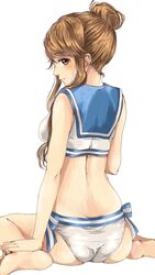  ass back bare_shoulders barefoot bikini blue_sailor_collar blush breasts brown_eyes brown_hair closed_mouth commentary_request female from_behind gatsby_ssl hair_bun hand_on_own_foot highres idolmaster idolmaster_million_live! idolmaster_million_live!_theater_days long_hair looking_at_viewer looking_back medium_breasts sailor_bikini sailor_collar sailor_swimsuit_(idolmaster) side-tie_bikini_bottom sidelocks simple_background single_hair_bun sitting smile solo sweat swimsuit tenkubashi_tomoka wariza white_background white_bikini 