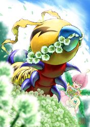  2others antennae artist_logo beak blue_eyes blue_sky bug canine caterpillar closed_eyes cloud day digimon digimon_(creature) female flower happy highres kunemon lilimon monster_girl multiple_others oden_(odenzzi) open_mouth outdoors plant plant_girl plotmon sky smile solo_focus watermark 