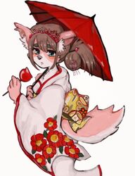  anthro apple asian_clothing blush brown_hair candy candy_apple canid canine canis clothed clothing crossdressing dessert domestic_dog east_asian_clothing femboy food fruit fur hair hi_res japanese_clothing kimono lifewonders long_hair male mammal pink_body pink_fur plant pumpkin_cat04 simple_background solo tanetomo_(tas) tokyo_afterschool_summoners umbrella wagasa white_background 