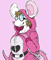  anthro artist_logo artist_name belt belt_buckle big_ears brown_hair buckle buckteeth christomwow clothing colored-in cuddle_team_leader epic_games eyewear femboy feminine_pose flat_colors fortnite fur glasses hair heart_symbol hi_res hoodie jacket logo looking_at_viewer male mammal mouse murid murine onesie pink_nose pink_tail rat_tail robbie_the_mouse rodent smile smirk solo tail teeth thick_thighs topwear white_body white_fur 