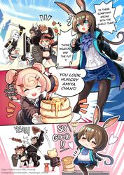  1boy 3girls amiya_(arknights) animal arknights canine croissant_(arknights) eating english_commentary english_text food gummy_(arknights) highres hound matterhorn_(arknights) meat multiple_girls pancake phandit_thirathon reunion_soldier_(arknights) stove 