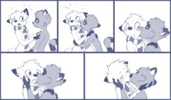  8chan anthro blue_and_white blush closed_eyes digital_drawing_(artwork) digital_media_(artwork) dipstick_ears duo ear_markings hesitant hi_res hug kiss_on_lips kissing kissing_cheek male male/male mammal markings monochrome multicolored_ears nate_(8chan) nervous open_mouth procyonid raccoon ring_(marking) ringed_tail romantic scarf sequence shy standing striped_markings striped_tail stripes tail tail_markings twang 