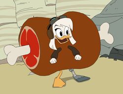  2022 anatid anseriform anthro avian bird clothing costume della della_duck digital_media_(artwork) disney duck ducktales ducktales_(2017) female food food_costume hi_res kigtoons meat meat_costume meat_on_bone_costume solo 