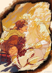  2boys aqua_eyes battle_tendency belt bomber_hat brown_hair caesar_anthonio_zeppeli chinese_commentary clenched_hands cloud clutching_chest commentary_request crying crying_with_eyes_open denim from_side fur_hat ghost hat hidden_face highres holding jacket jeans jojo_no_kimyou_na_bouken joseph_joestar joseph_joestar_(young) male_focus multicolored_clothes multicolored_scarf multiple_boys no_headband open_mouth pants profile sad scarf short_hair short_sleeves sobbing striped_clothes striped_scarf tears triangle_print ushanka watermark xianlan 