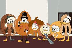  acorn anatid anseriform anthro avian bird clothed clothing della_duck detailed_background dewey_duck disney donald_duck drupe_(fruit) duck ducktales female food food_costume fruit group hat headgear headwear hi_res holding_object huey_duck kigtoons legume male nut_(fruit) peanut_(food) plant scrooge_mcduck standing walnut webby_vanderquack 