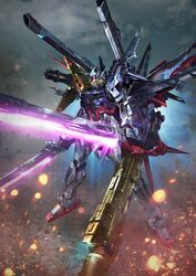  dual_wielding embers energy_sword floating glowing glowing_eyes gundam gundam_seed highres holding holding_sword holding_weapon mecha mechanical_wings mobile_suit no_humans paintedmike perfect_strike_gundam robot science_fiction sky solo strike_gundam sword v-fin weapon wings yellow_eyes 