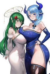  2girls animal_ears asymmetrical_docking bad_id bare_shoulders black_bow black_thighhighs blonde_hair blue_eyes blue_hair blush bow breast_press breasts covered_navel cow_ears cow_girl curvy detached_sleeves drawfag dress english_commentary green_eyes hair_behind_ear hair_over_shoulder hairbow halo hand_on_own_hip highres horns huge_breasts indie_virtual_youtuber koopa_fortuna large_breasts long_hair medium_hair miilkywayz multiple_girls plump side_slit skindentation sleeves_past_wrists smile strapless strapless_dress surprised thick_thighs thighhighs thighs very_long_hair virtual_youtuber wide_hips yuri 