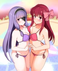  2girls amane_(dream_c_club) bikini blush bow breast_press breasts cleavage dream_c_club dream_c_club_(series) eyepatch hairbow halterneck headdress hisakabe_oto legs long_hair looking_at_viewer mari_(dream_c_club) multiple_girls pink_eyes purple_eyes purple_hair red_hair side-tie_bikini_bottom smile string_bikini swimsuit symmetrical_docking very_long_hair 