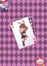  ace_(playing_card) ace_of_hearts alice_in_wonderland animal_ears back_cover boots brown_hair bunny_mint bunny_mint_(cosplay) card cheshire_cat_(alice_in_wonderland) cheshire_cat_(alice_in_wonderland)_(cosplay) choker closed_eyes commentary_request cosplay cover feline female ghost half-closed_eyes haramaki hat heart high_ponytail highres holding holding_card jibanyan kemonomimi_mode kodama_fumika long_hair looking_at_viewer mad_hatter_(alice_in_wonderland) mad_hatter_(alice_in_wonderland)_(cosplay) midriff mochi-iri_kinchaku navel notched_ear open_mouth parted_lips playing_card purple_lips rabbit_ears rabbit_tail red_eyes sharp_teeth shorts tail teeth top_hat whisper_(youkai_watch) youkai_(youkai_watch) youkai_watch 