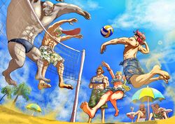  2girls 5boys arms_up bald ball barefoot baseball_cap beach beach_umbrella bikini blonde_hair bracelet crossed_legs cup drinking drinking_glass facial_tattoo frilled_bikini frills goggles green_hair hat headphones helmeppo hibari_(one_piece) highres holding holding_cup jewelry jumping koby_(one_piece) kujaku_(one_piece) long_hair male_swimwear multiple_boys multiple_girls muscular muscular_male one_piece open_mouth orange_hair palm_tree pink_hair playing_sports ponytail prince_grus sandals short_hair shorts smile swim_trunks swimsuit tattoo topless_male tree umbrella volleyball volleyball_(object) wine_glass x_drake yosuyosu 