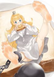  absurdres artist_name bare_legs barefoot blonde_hair blue_eyes bread bread_slice crown eating feet female food foot_focus foreshortening hands_up highres hime-sama_&quot;goumon&quot;_no_jikan_desu hime_(himesama_goumon) holding legs legs_up lying mbr90munouk mini_crown on_back oversized_clothes oversized_food oversized_object oversized_shirt shirt signature single_ankle_cuff soles toast toes twitter_username white_shirt 