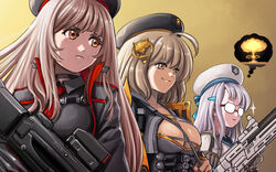  3girls ahoge anis_(nikke) beret black_gloves black_jacket breasts brown_eyes brown_hair cat_hair_ornament cleavage collared_leotard counters_(nikke) cropped_jacket glasses gloves glowing_glasses goddess_of_victory:_nikke grenade_launcher hair_ornament hat jacket large_breasts long_hair long_sleeves looking_at_viewer militaria_(nikke) multiple_girls mushroom_cloud necktie neon_(nikke) nuclear_explosion rapi_(nikke) red_eyes red_necktie short_hair smile substance20 thinking weapon white_hair 