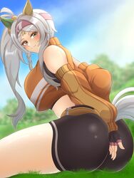  :3 animal_ears ass asymmetrical_clothes bandaid bandaid_on_face bandaid_on_forehead black_gloves blue_sky blurry blurry_background blush braided_sidelock breasts closed_mouth commentary crop_top crossed_bandaids detached_sleeves ear_covers female from_behind gloves grass grey_hair headband highres horse_ears horse_girl horse_tail kii_960 long_hair long_sleeves midriff navel on_grass orange_shirt pink_headband shirt shirt_under_shirt side_ponytail single_pantsleg sitting sky smile solo sonon_elfie_(umamusume) split tail umamusume yellow_eyes 