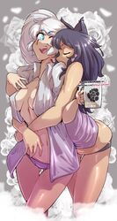  2girls absurdres animal_ears ass_visible_through_thighs bare_legs black_hair black_panties blake_belladonna blue_eyes breasts cat_ears closed_eyes floral_background hands_on_another&#039;s_waist haysey highres hug hug_from_behind long_hair multiple_girls open_clothes open_shirt panties purple_panties rwby shirt smile underwear weiss_schnee white_hair white_shirt yuri 