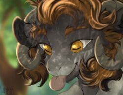  absurd_res demonic digital_media_(artwork) equid feral grey_body grey_scales hair hi_res horn horn_jewelry horn_ring hybrid jewelry male mammal mythological_creature mythology plant portrait ring_(jewelry) scales scalie shyryp smile solo tongue tongue_out tree yellow_eyes 