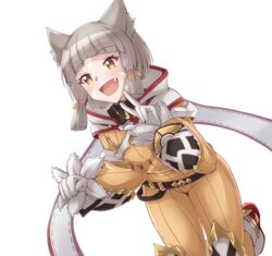  :d absurdres animal_ears blunt_bangs blush bodysuit cat_ears cowboy_shot facial_mark fangs female flat_chest gloves grey_hair highres kagin_(kagou_shita_nanika) nia_(xenoblade) open_mouth short_hair simple_background smile v white_background white_gloves xenoblade_chronicles_(series) xenoblade_chronicles_2 yellow_bodysuit yellow_eyes 