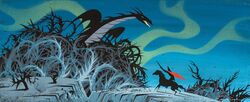  1959 20th_century ancient_art armor better_version_at_source breath_powers castle concept_art disney dragon duo elemental_manipulation equid equine eyvind_earle female feral fight gouache_(artwork) hi_res horse human interspecies knight larger_feral male maleficent mammal melee_weapon official_art outside painting_(artwork) plant riding running scalie size_difference sleeping_beauty_(1959) smaller_human sword throwing_object traditional_media_(artwork) tree warrior weapon western_dragon 