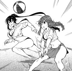  2girls ball beachball bikini braid breasts bump_(volleyball) cleavage greyscale hair_between_eyes hair_ribbon kantai_collection large_breasts long_hair midriff monochrome multiple_girls navel noshiro_(kancolle) open_mouth pleated_skirt ponytail ribbon rindou_(rindou_annon) shirt skirt sweat swimsuit tied_shirt twin_braids volleyball volleyball_(object) yahagi_(kancolle) 