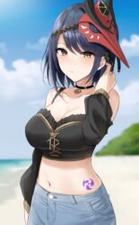  alternate_costume beach bird_mask black_choker black_hair black_shirt blue_shorts blue_sky blurry breasts choker cleavage cloud cloudy_sky collarbone commentary cowboy_shot crop_top day denim denim_shorts depth_of_field female genshin_impact hand_up highres horizon kujou_sara large_breasts long_sleeves looking_at_viewer mask mask_on_head midriff navel ocean off_shoulder outdoors shengtian shirt short_hair shorts sidelocks sky solo stomach tattoo vision_(genshin_impact) yellow_eyes 