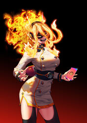  absurdres belt black_thighhighs blonde_hair boku_no_hero_academia burnin_(boku_no_hero_academia) cellphone commentary_request domino_mask dress earmuffs eye_mask female fiery_hair fire fire_extinguisher garter_straps highres lips looking_at_viewer mask nose open_mouth phone photoshop_(medium) ringed_eyes sharp_teeth short_dress side_slit smartphone solo studded sushispin taut_clothes taut_dress teeth thighhighs uniform white_dress yellow_eyes 