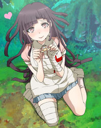  apron bandaged_arm bandaged_leg bandages blurry blurry_background breasts danganronpa_(series) danganronpa_2:_goodbye_despair dosugon female from_above full_body heart holding_bandaid large_breasts long_hair looking_at_viewer miniskirt outdoors pink_shirt pleated_skirt puffy_short_sleeves puffy_sleeves shirt shoes short_sleeves skirt solo tsumiki_mikan white_apron 