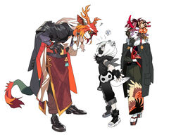  1boy 2girls animal_ears arknights blocking bodyguard chinese_clothes chinese_commentary commentary_request full_body furry furry_female furry_male height_difference highres horns husband_and_wife japanese_clothes kimono laughing mask mouth_mask multiple_girls ninja ninja_mask okobo princess_fumizuki_(arknights) protecting sandals shirayuki_(arknights) shoes spoken_x stoat_girl sweatdrop tail weasel_ears weasel_girl weasel_tail wei_yenwu_(arknights) yu_yanshu 